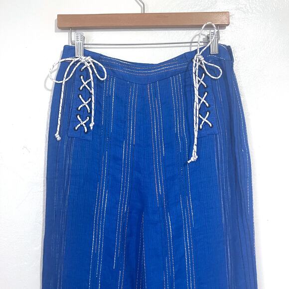 AMUR Leah Striped Linen Side Tie Stright Leg Pant in Blue Size 6 - Picture 6 of 16